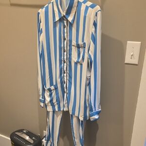 Blue and White Striped Women's Pajama Set 3 Pc